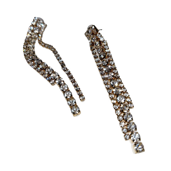 Pierced Earrings Dripping White Rhinestones Goldtone Hollywood Glam Runway Chic - Picture 3 of 8